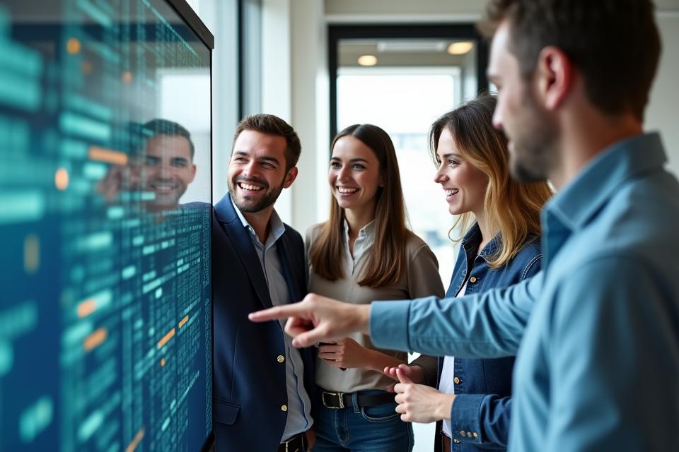 Group of diverse professionals celebrating career success in a modern office environment