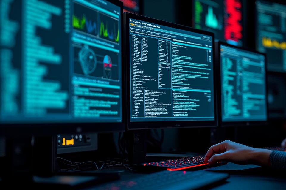 Screenshots of a virtual cyber range interface showing code, network diagrams, and threat alerts