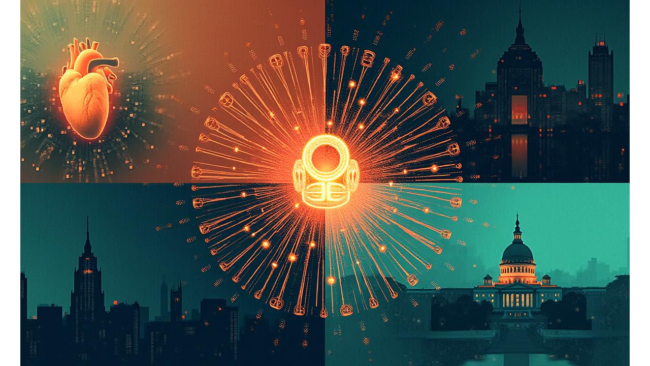 A collage or mosaic of interconnected vibrant icons and visual elements representing various industries (healthcare, finance, retail, government), all converging towards a central glowing neural network, symbolising AI's broad application.