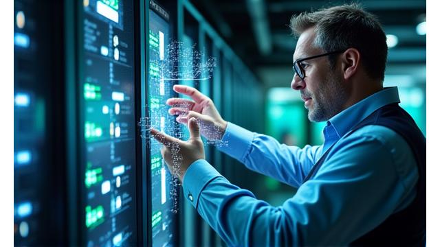 Cloud computing architect working on a server infrastructure diagram in a modern data center.