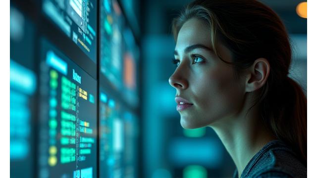 Cybersecurity professional analyzing data on a holographic interface, focused on digital protection.