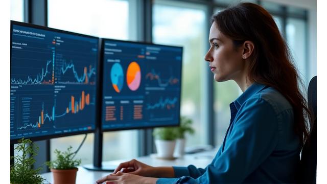 Data Analyst reviewing complex dashboards and charts on multiple screens, focused on AI insights.