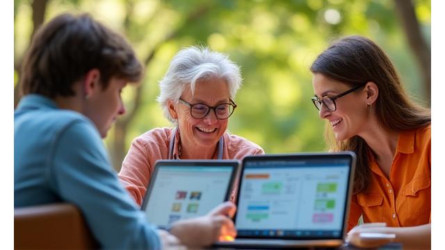 Diverse group of adults learning online on laptops and tablets, with a focus on short courses.