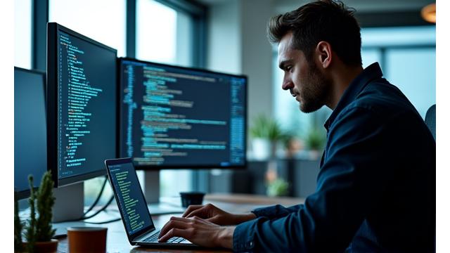 Software Developer coding at a desk with multiple screens and coffee.
