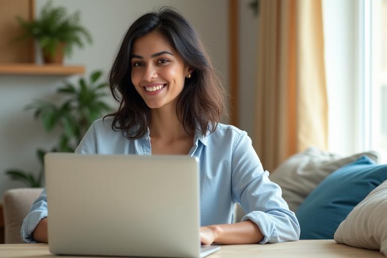 Priya Sharma, a freelance web developer, working remotely from a sunlit home office in Australia.
