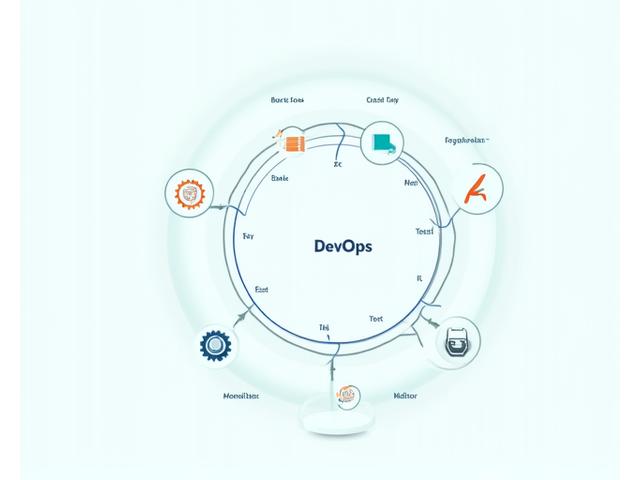 A visual representation of a DevOps pipeline with interconnected icons for coding, building, testing, deploying, and monitoring, symbolizing automation.