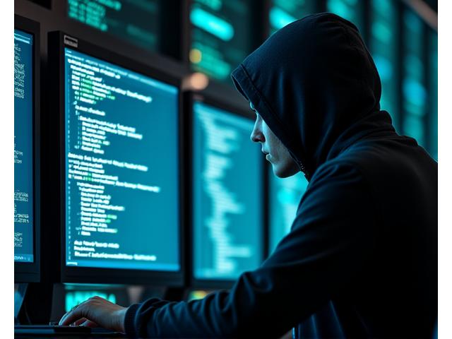A hooded figure typing on a keyboard in a dark, secure data center environment, representing ethical hacking and penetration testing.