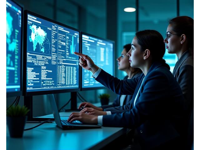 A team of cybersecurity analysts intently looking at multiple screens displaying security dashboards, threat maps, and logs, symbolizing incident response.