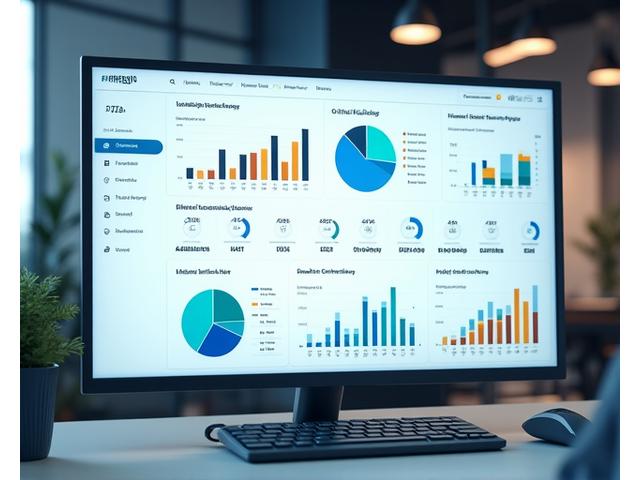 A brightly lit digital dashboard displaying various charts, graphs, and key performance indicators, representing data visualization and business intelligence.