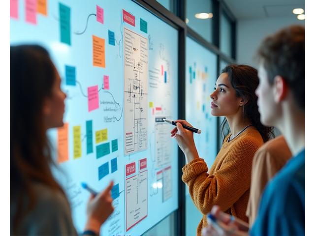 A diverse group of students collaborating around a whiteboard filled with diagrams and sticky notes, actively engaged in a project discussion, symbolizing a capstone project.