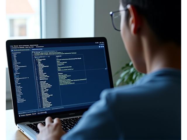 A student interacting with a virtual lab environment on a laptop, showing command-line interfaces, code editors, and network diagrams, representing practical IT skills development.