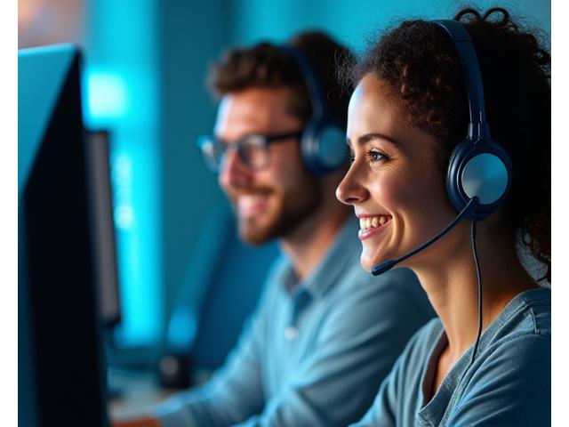 A friendly IT support technician wearing a headset, smiling while assisting a client on a computer, depicting helpdesk operations.