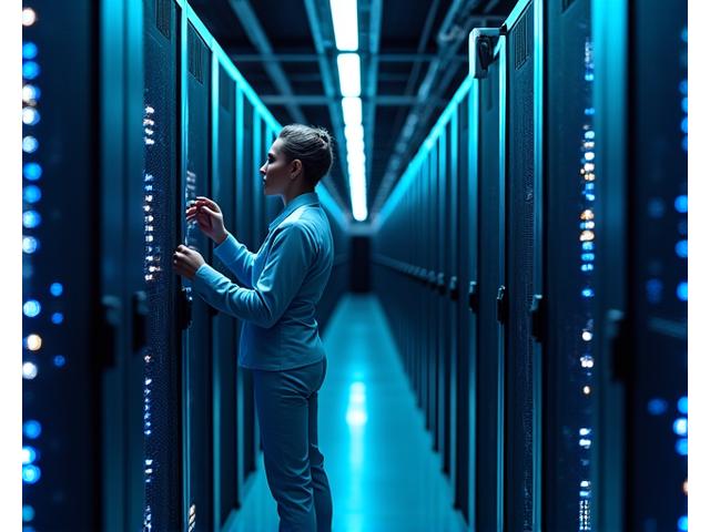 A server room with blinking lights and network cables, with an IT professional examining a component, symbolizing network administration.