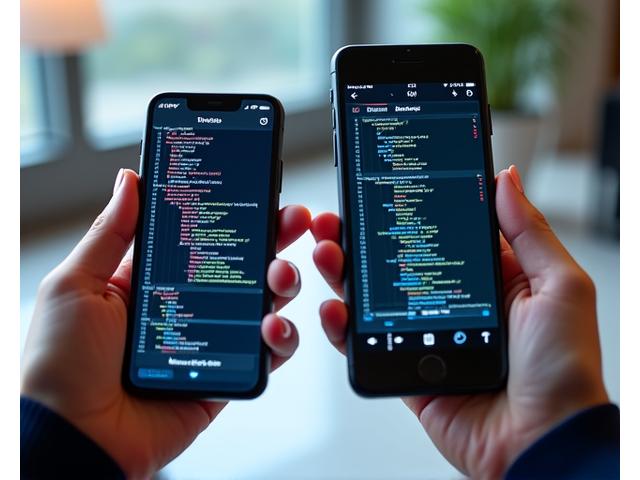 A person's hands holding a smartphone and a tablet, both displaying mobile application development interfaces with code and UI previews.