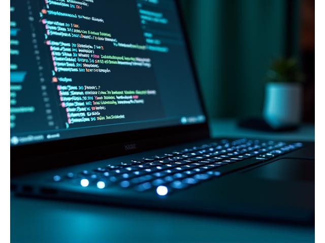 A computer screen displaying complex web development code with various UI components and framework logos, representing full-stack web development.