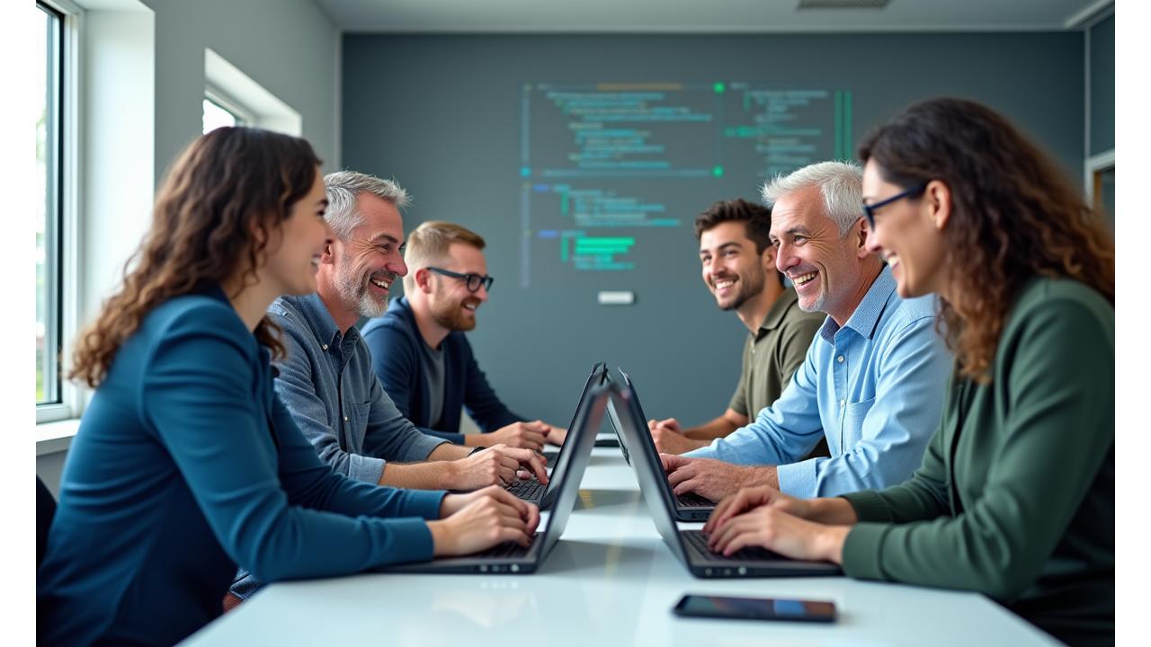 Diverse group of mature students actively engaged in an IT classroom setting, smiling and discussing code on laptops.