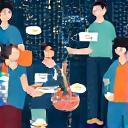 Illustration of adults networking at a virtual event, showing diverse participants in different video call windows.