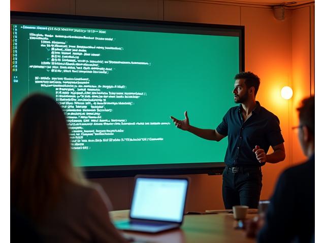 David, a man in his late 30s, enthusiastically presenting code on a large screen to a small team.