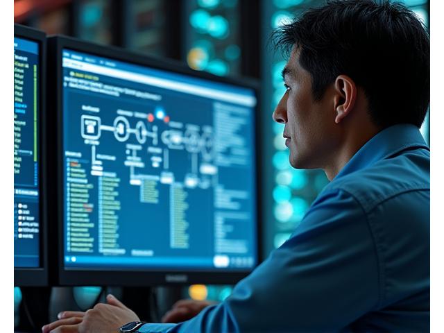 George, a man in his late 40s, intently focused on a screen displaying cloud architecture diagrams.