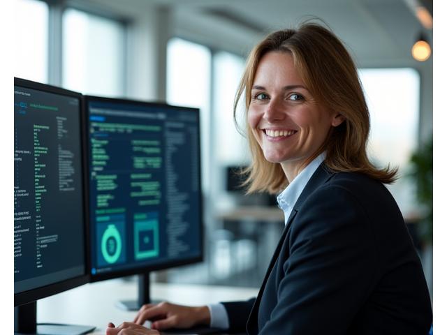 Sarah, a smiling woman in her early 40s, working confidently at a computer in a modern office.