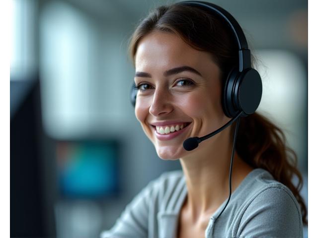 A friendly customer service representative wearing a headset, actively listening and speaking on a call in a modern call center, conveying empathy and clear communication.