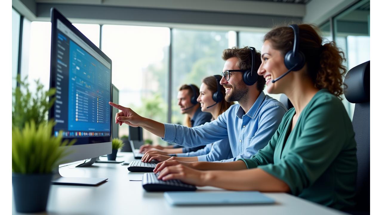 A diverse group of smiling IT support professionals in a modern, open-plan office collaborating around a computer screen, symbolizing accessible entry into tech.