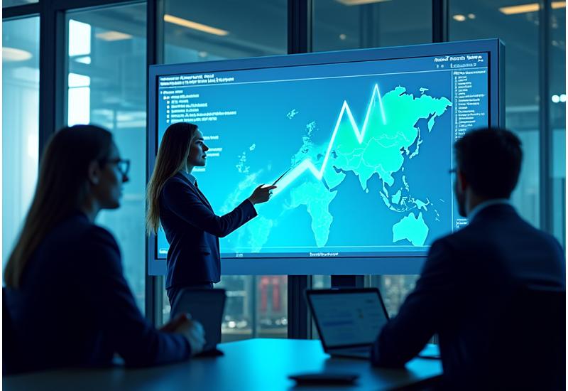 Professional individual presenting data on a screen in a modern office, showing immediate application of new skills
