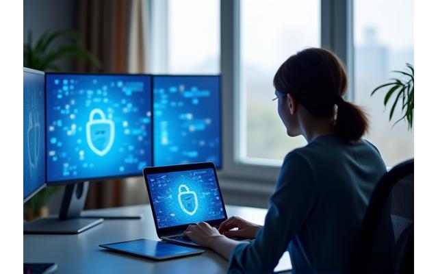 Person using a laptop in a modern home office setting, representing remote work IT