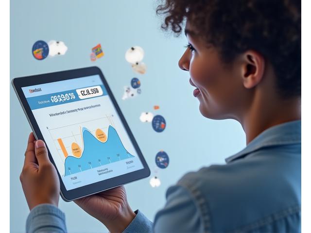 Person calculating finances on a tablet with various payment method icons floating around