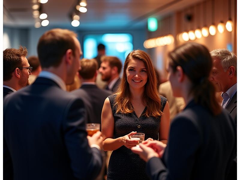 Happy alumni networking at a professional event, exchanging business cards and laughing.