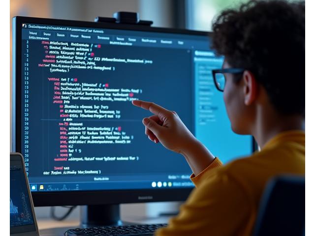 Instructor reviewing student code on a shared screen in a virtual session, offering feedback.
