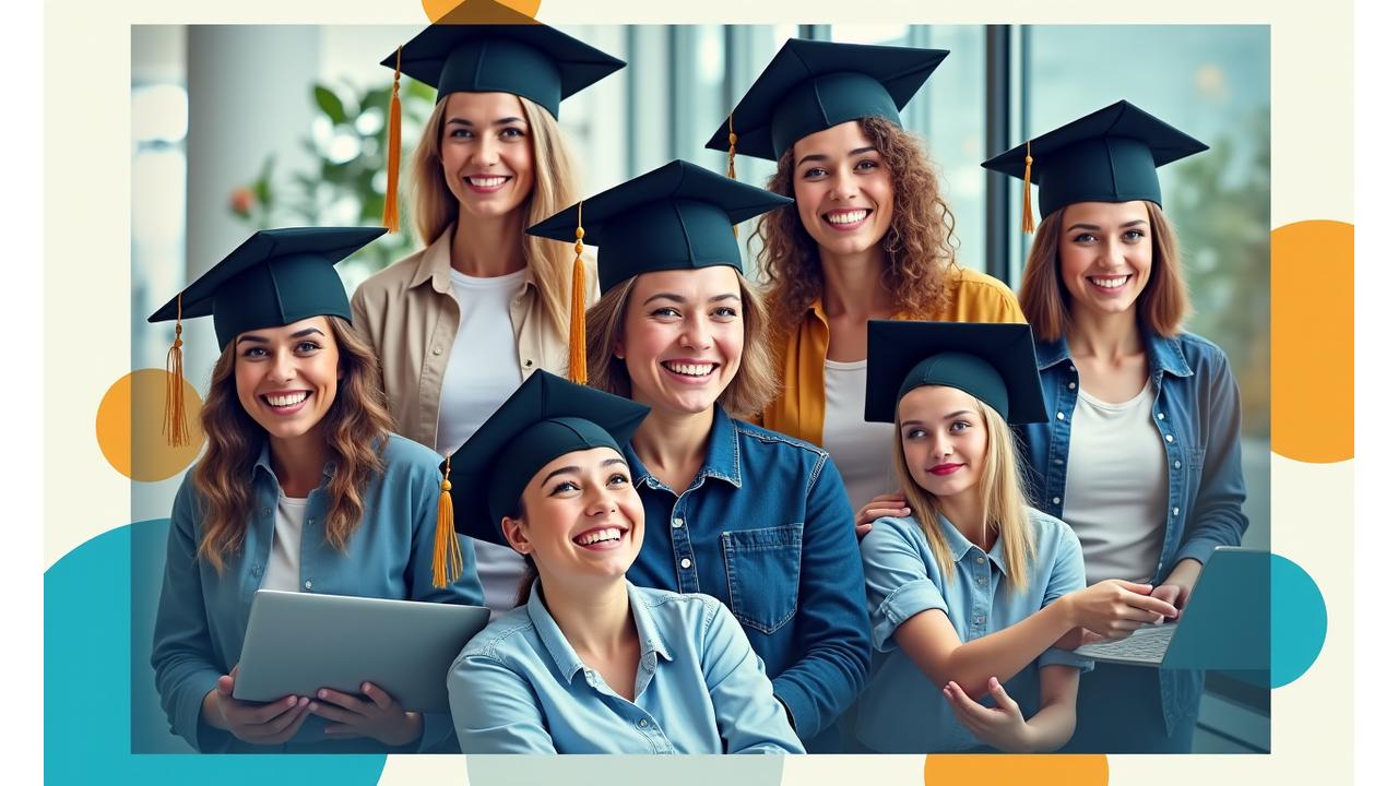 Dynamic photo collage of diverse TechEd Australia graduates celebrating success, showing professional and casual settings, various ages and backgrounds.