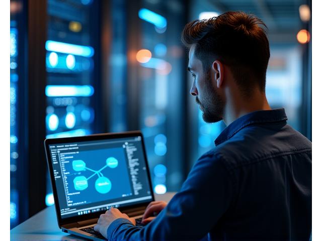 James, 29, working on cloud infrastructure in a modern, collaborative office space.