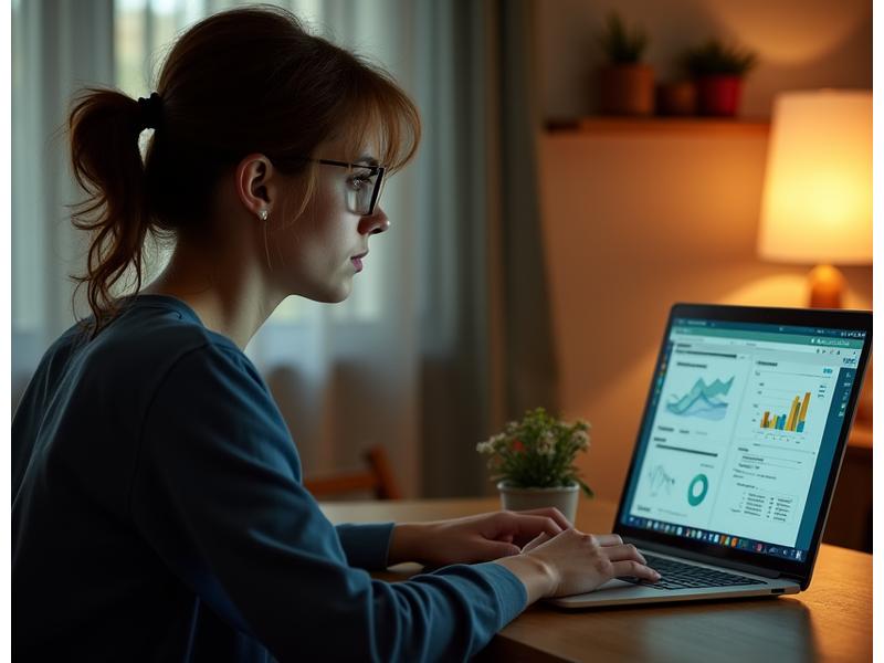 Patricia, 46, a single mother, focused on her laptop late at night studying Data Analytics.