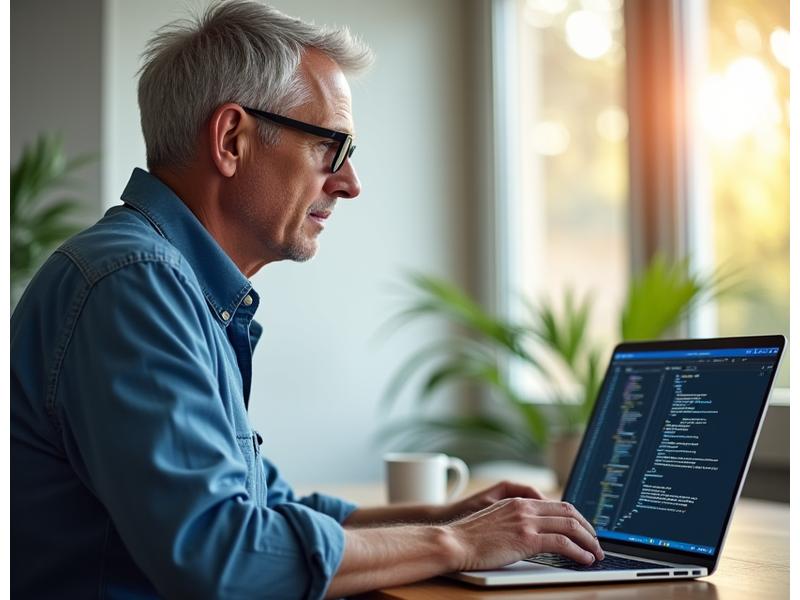 Robert, 58, confidently coding on a laptop from his home office, enjoying his freelance web development career.