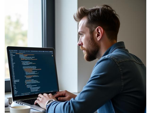 Michael, 38, working on a laptop with code on screen as a Full-Stack Developer.