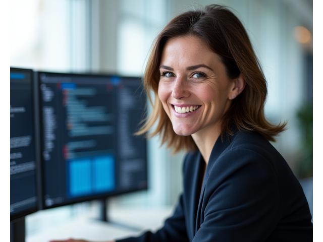 Sarah, 43, smiling confidently as a Cybersecurity Analyst.